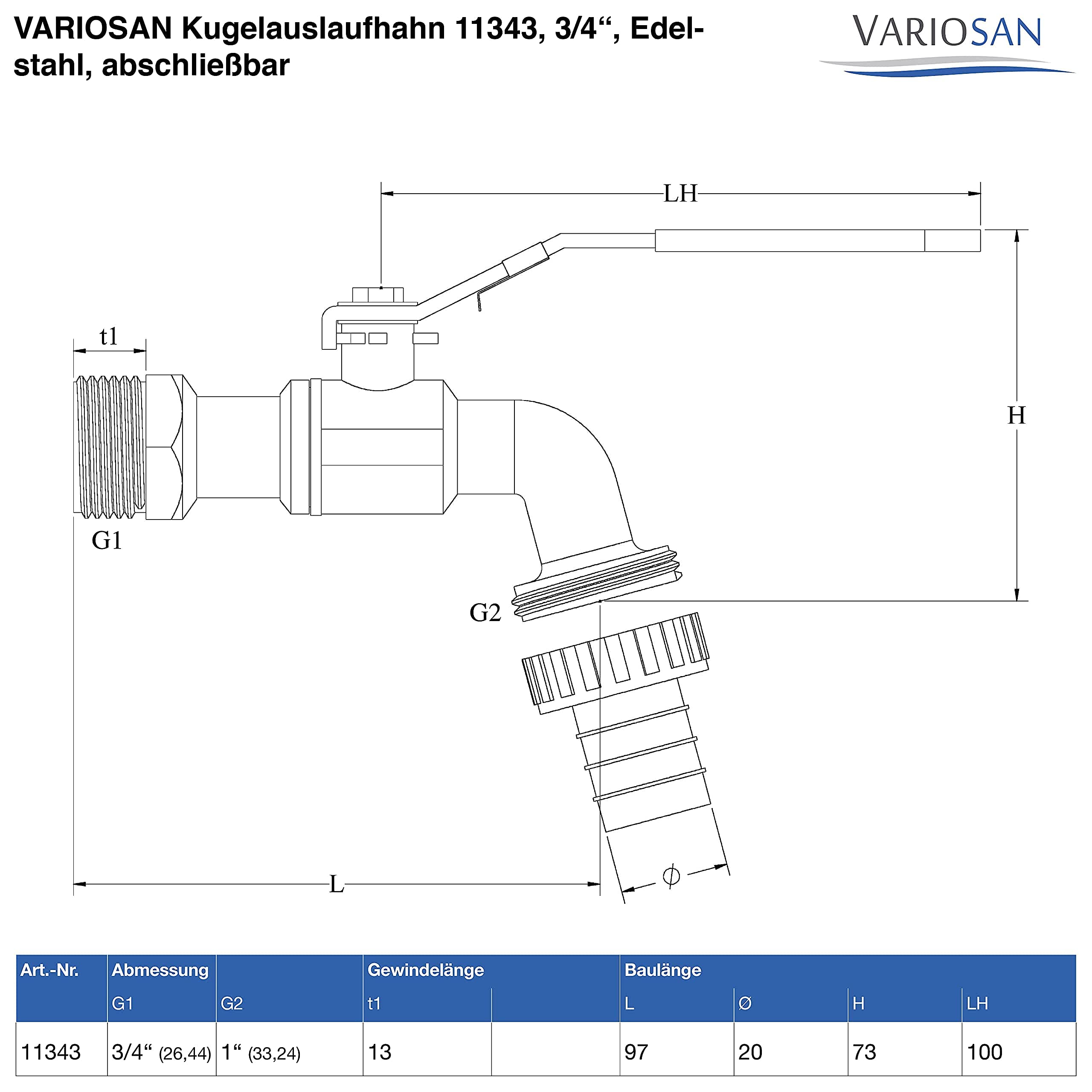 VARIOSAN 11343 Robinet à tournant sphérique, 3/4", en acier inoxydable, verrouillable, avec raccord pour tuyau