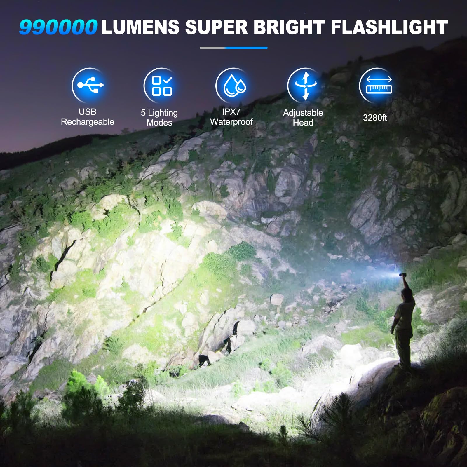 KINGCAESAR Linternas recargables de alto lúmenes, paquete de 2 linternas superbrillantes de 9000 lúmenes, linterna LED de 5 modos, IPX7 impermeable, potente luz de flash para el hogar, actividades al