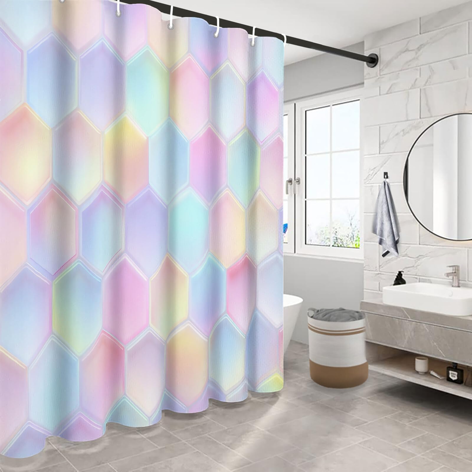 Rideau Douche, Rideau Baignoire Lavable en Machine Rideaux Douche Tissus Lavable Rideau De Baignoire Lavable pour Salle De Bain Domicile Baignoire Famille, Hexagones Colorés,