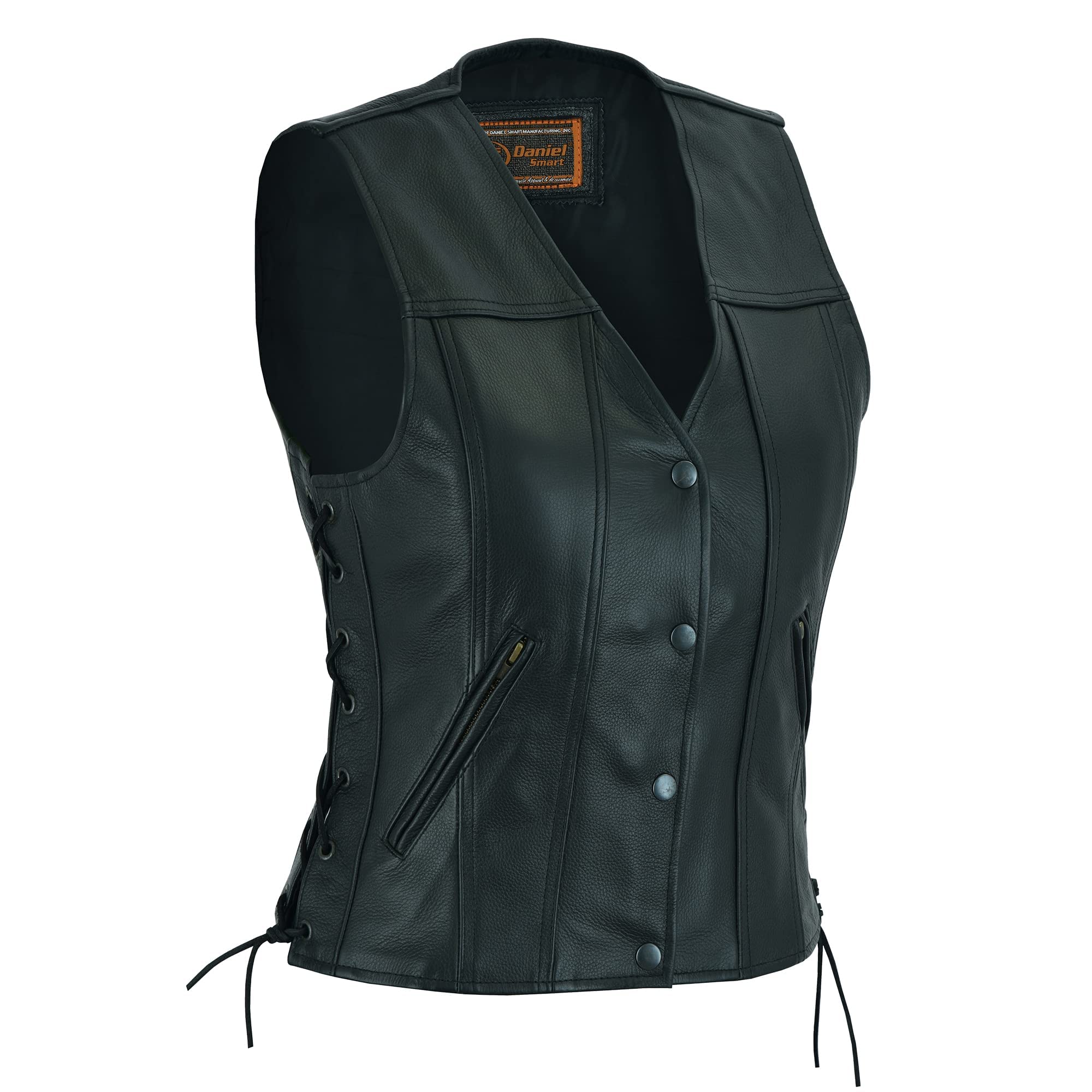 Daniel Smart Black Women Motorcycle Leather Vest Premium Cowhide Ladies Leather Vest with Side Laces & inside Pockets