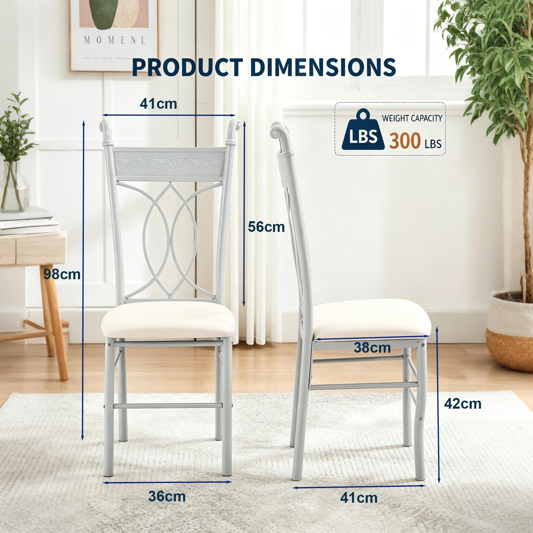 Chaises de Salle à Manger Lot de 4, Chaise de Cuisine avec Pieds en Métal, Assise Rembourrée en Cuir, Dossier Sculpté, Pieds Antidérapants, pour Salle à Manger, Salon, Jardin, Événements, Blanc