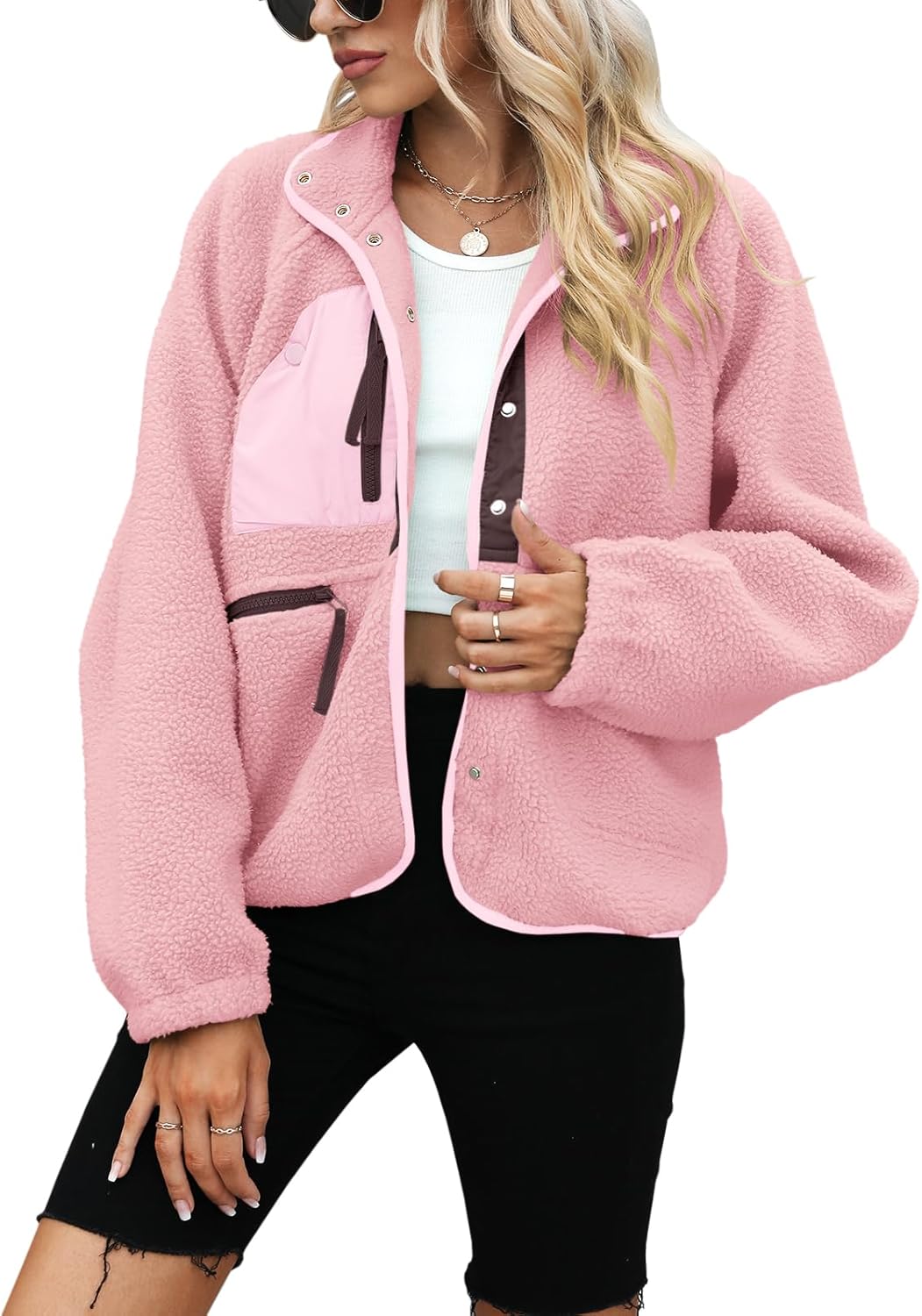 Yanekop Womens Fleece Jacket Fuzzy Long Sleeve Short Winter Coats Button Down Sherpa Jacket Outerwear with Pockets - Image 2