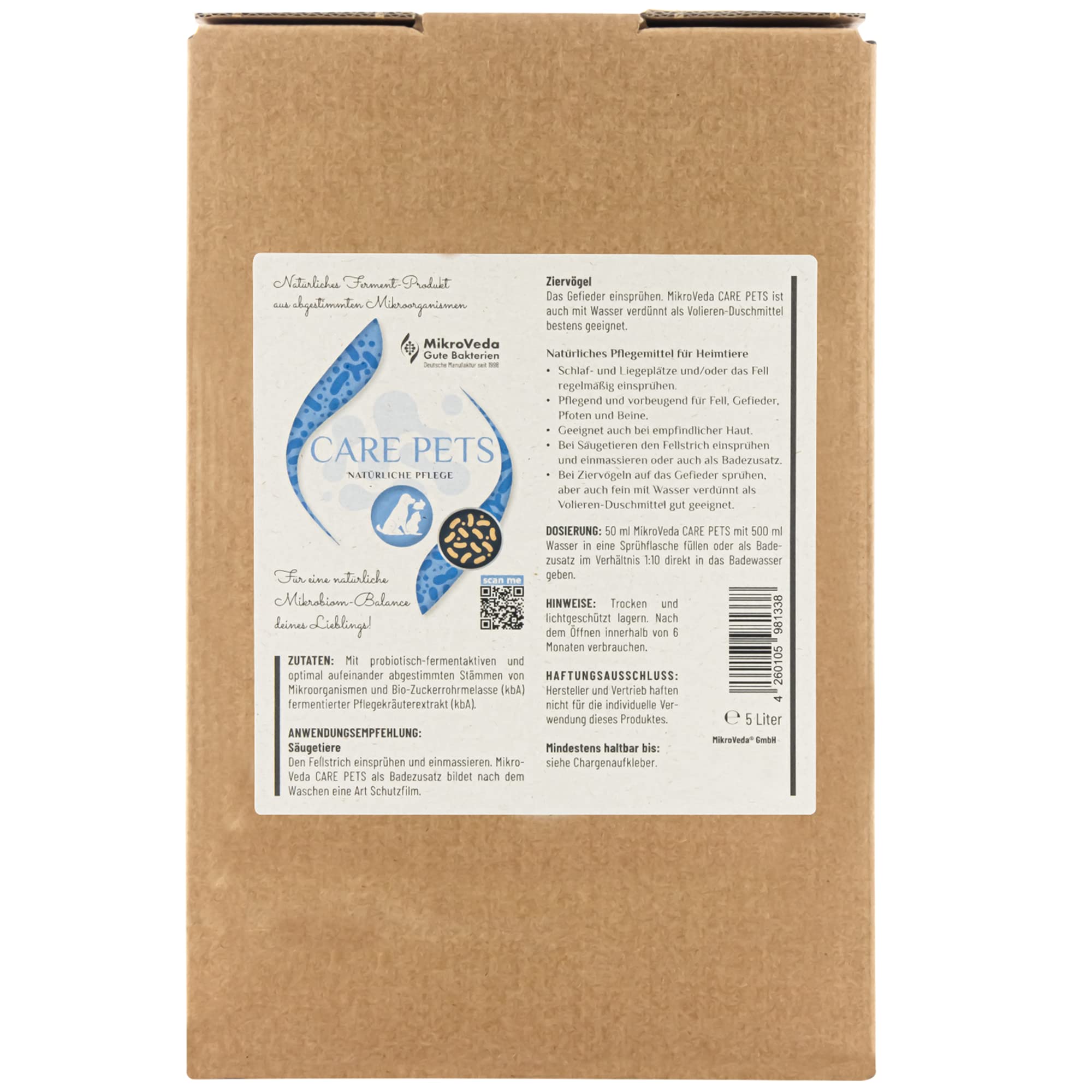 Mikroveda Care Pets 5 Liter Bio Tierpflege, natürliches Pflegemittel Mikroorganismen fermentiert, für Hund Katze und andere Haustiere