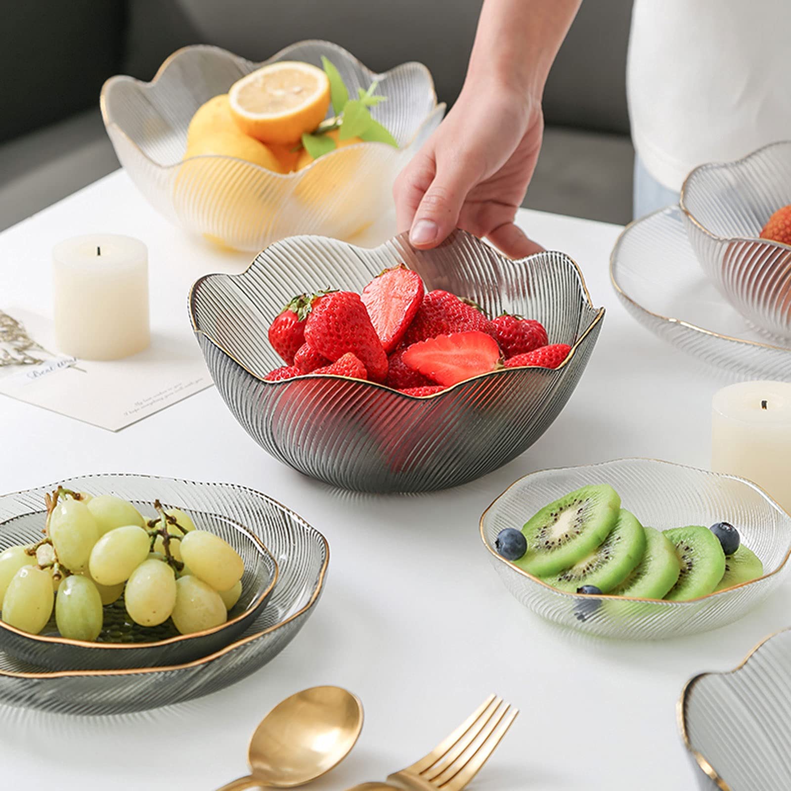 Dessertschale Snackschale Kristallglasschale 4 Stück Set gehämmerte Salatschale können unregelmäßige Obstplattenkorn-Pasta-Schüssel einstellen Hochtemperatur-beständiges transparentes Glas Müslischale
