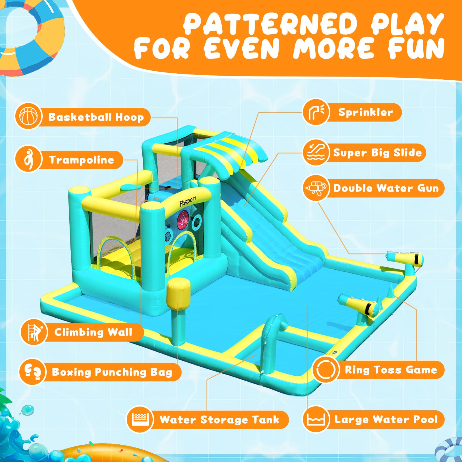 FBSPORT Castello Gonfiabile 10-in-1, Scivolo d'Acqua Castello Gonfiabile con Soffiatore 480W, da Giardino per Bambini con Piscina di Schizzo, Utilizzo Interno ed Esterno