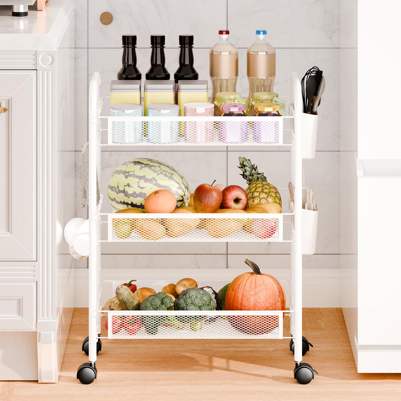 Carrito de almacenamiento de metal rodante de 5 niveles, carrito multiusos con cestas de frutas y verduras para cocina, despensa, baño, 3 capas, acabado blanco