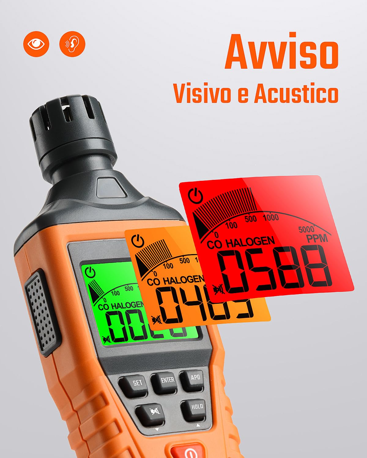 Toptes CT-300 Rilevatore Monossido di Carbonio, Rilevatore di CO Allarme Acustico e Visivo, 0-5000 Ppm, Schermo LCD illuminato, Casa, Auto, Campeggio, Viaggi (Batteria Inclusa X3) - Arancione