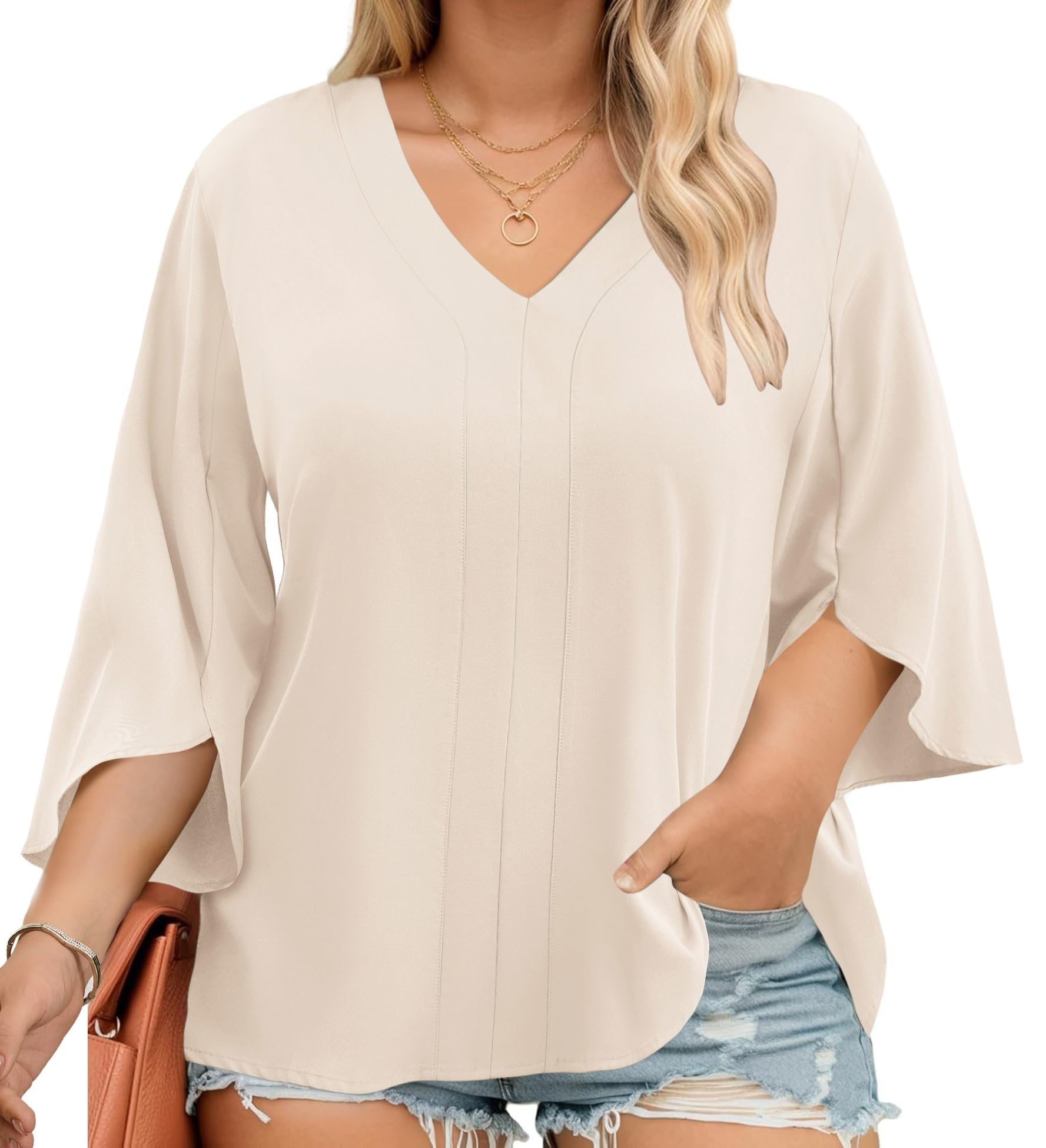 Romanstii Plus Size 3/4 Length Sleeve Womens Tops V-Neck Flowy Blouses Business Casual Summer Shirts 2025
