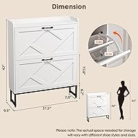 Vista 2 de Nicetree - Zapatero con 2 cajones abatibles, organizador de zapatos independiente, zapatero con patas de metal, estante estrecho para entrada, Blanco