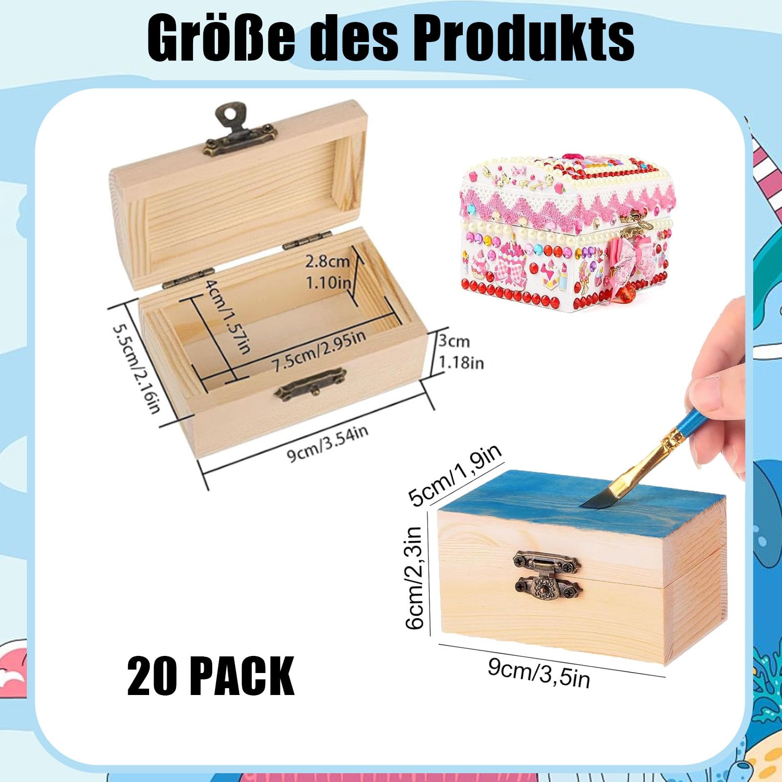 Petit Coffre en Bois, 20 pièces Coffre au Trésor, Mini Coffre au Trésor en Bois, Boîte à Bijoux à Faire soi Même, DIY Petit Coffre en Bois avec Couvercle, Convient pour Ranger Et Décorer