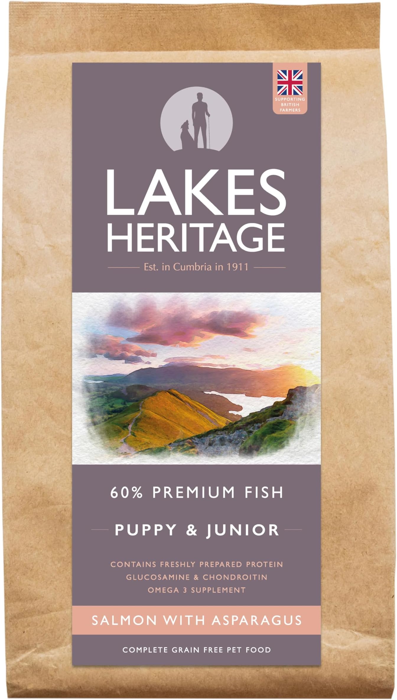 Lakes Heritage60% Premium Salmon & Asparagus, Grain-Free Puppy Food, Omega 3 Supplement, Supports Digestive Health 12KG