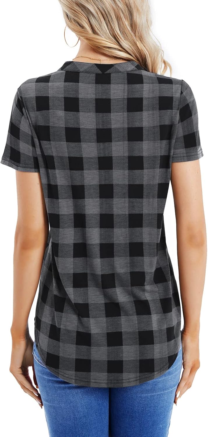 DJT Women's Summer Casual V Neck Blouses Plaid Short Sleeve Button Down Plaid Shirts Tops - Image 3