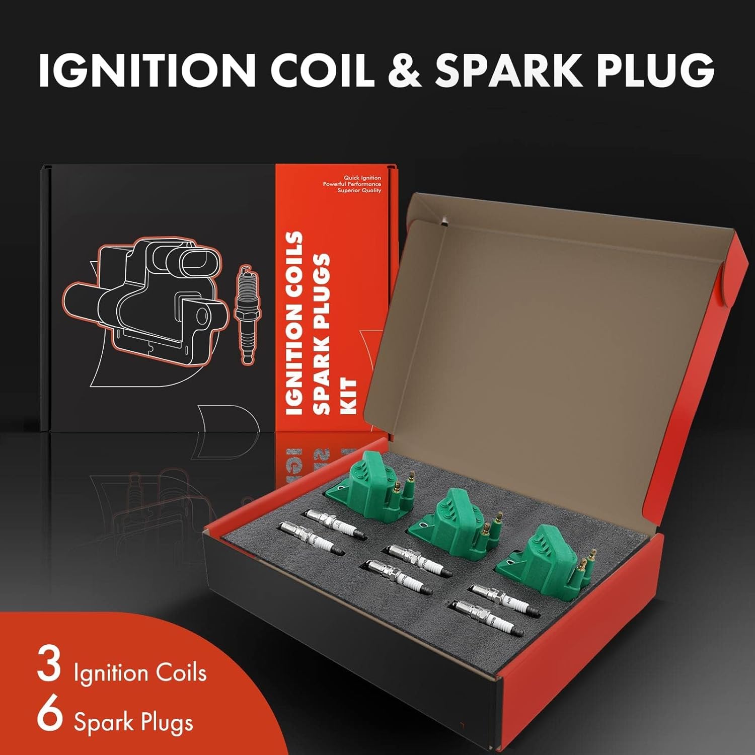 A-Premium 3x (Green) Ignition Coil Pack and 6x Iridium Spark Plugs Compatible with Chevrolet Malibu Impala Venture Buick LaCrosse Cadillac Pontiac Oldsmobile
