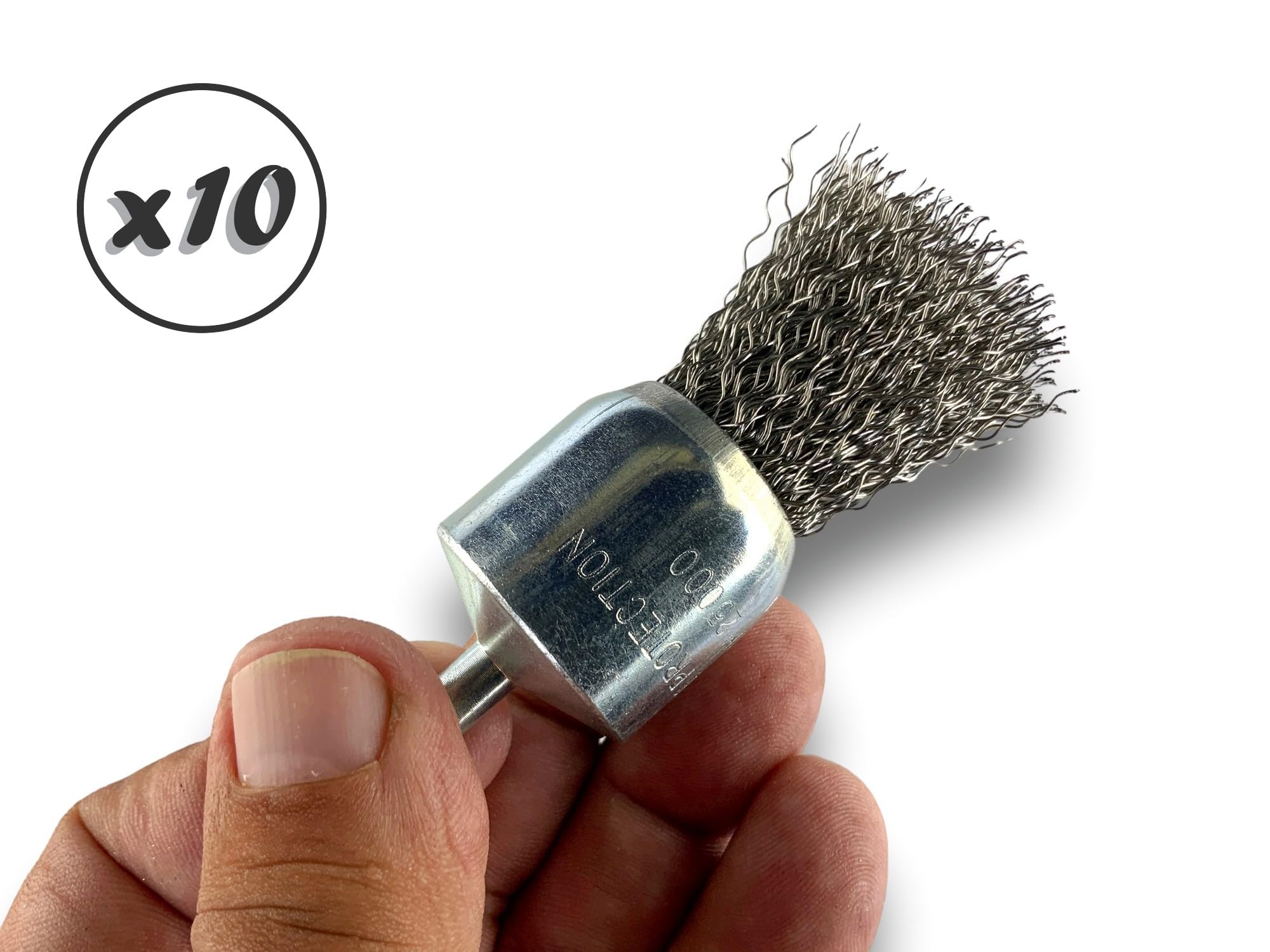 Juego de 10 cepillos giratorios metálicos en punta Ø 28 mm | Forma de pincel sobre varilla Ø 6 mm | Alambre inoxidable Ø 0,30 mm duro | Para taladro o destornillador de mandril | Cepillado y decapado