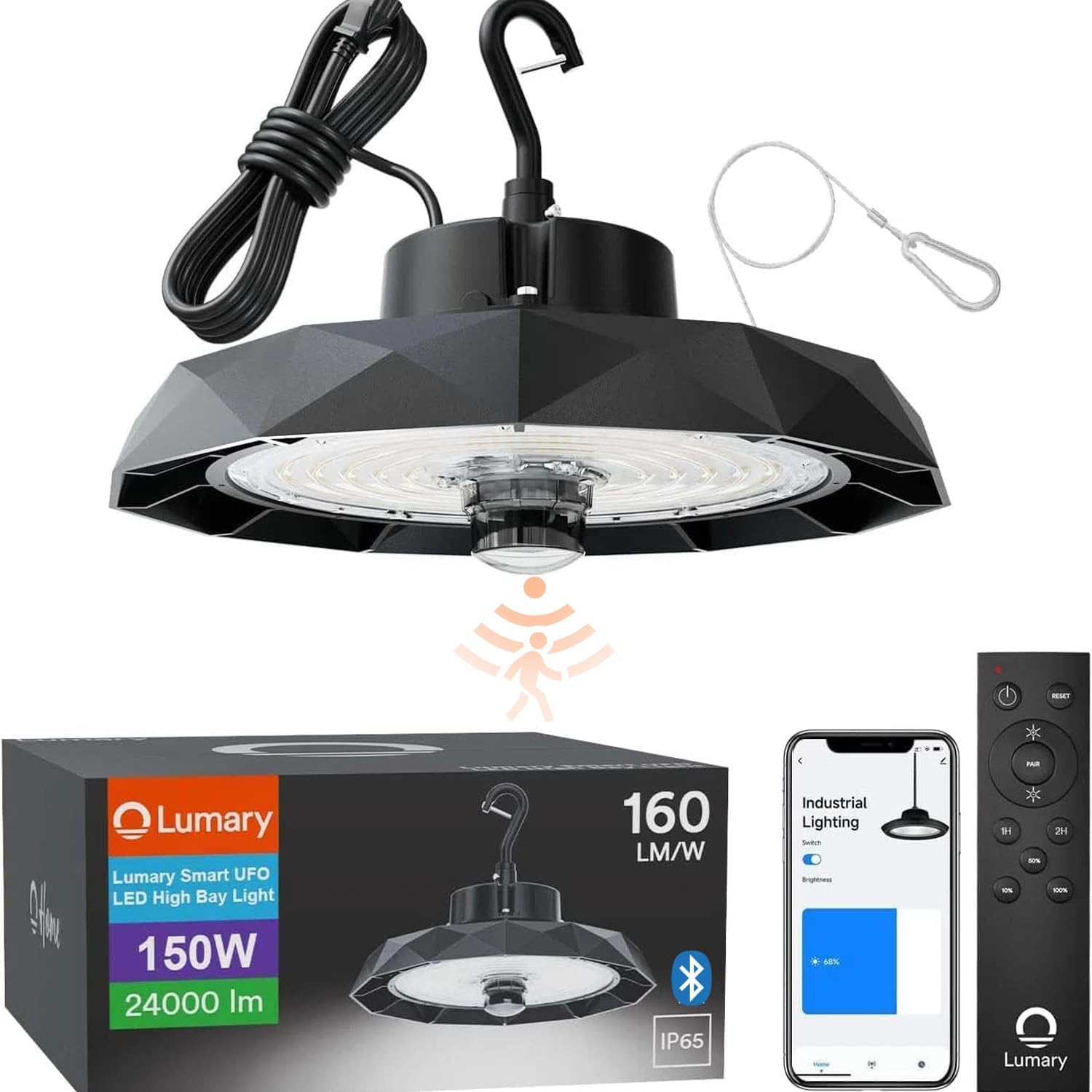 Lumary Smart UFO LED High Bay Light Motion Sensor 100W via Hub, Work with Alexa Google, Bluetooth Hanging Shop Lights for Garage w/Remote, 16000Lm Brightness Dimmable 1-100%, 5000K for Workshop Lumary Smart UFO LED High Bay Light Motion Sensor 100W via Hub, Work with Alexa Google, Bluetooth Hanging Shop Lights for Garage w/Remote, 16000Lm Brightness Dimmable 1-100%, 5000K for Workshop