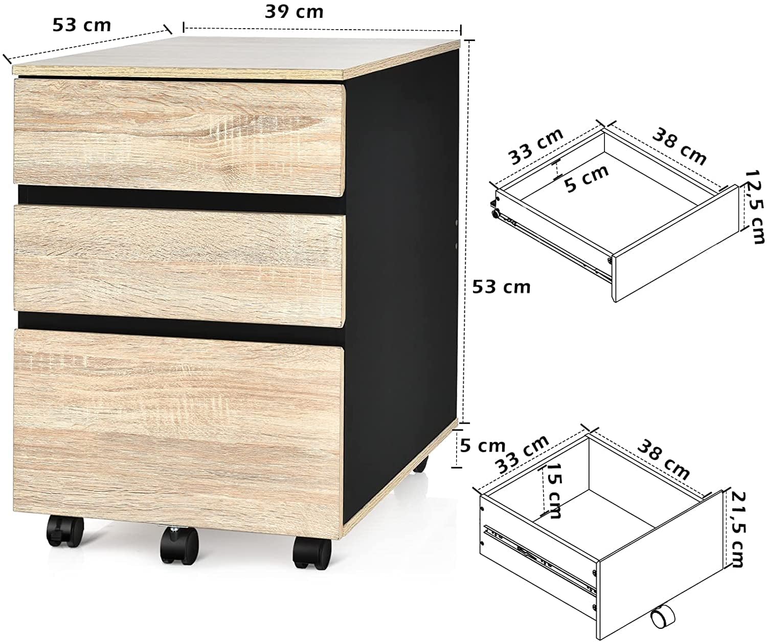 HOMCOM Rolcontainer, Archiefkast, Kantoorcontainer Met 3 Lades Kantoorkast Opslag Container 4 Universele Wielen~0v4o17r61bg01