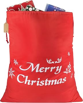 HRX Package Large Cotton Christmas Bag, 32x28 inch Fabric Drawstring Santa Sack, Reusable Cloth Wrapping Bag with Gift Tag for Xmas Presents
