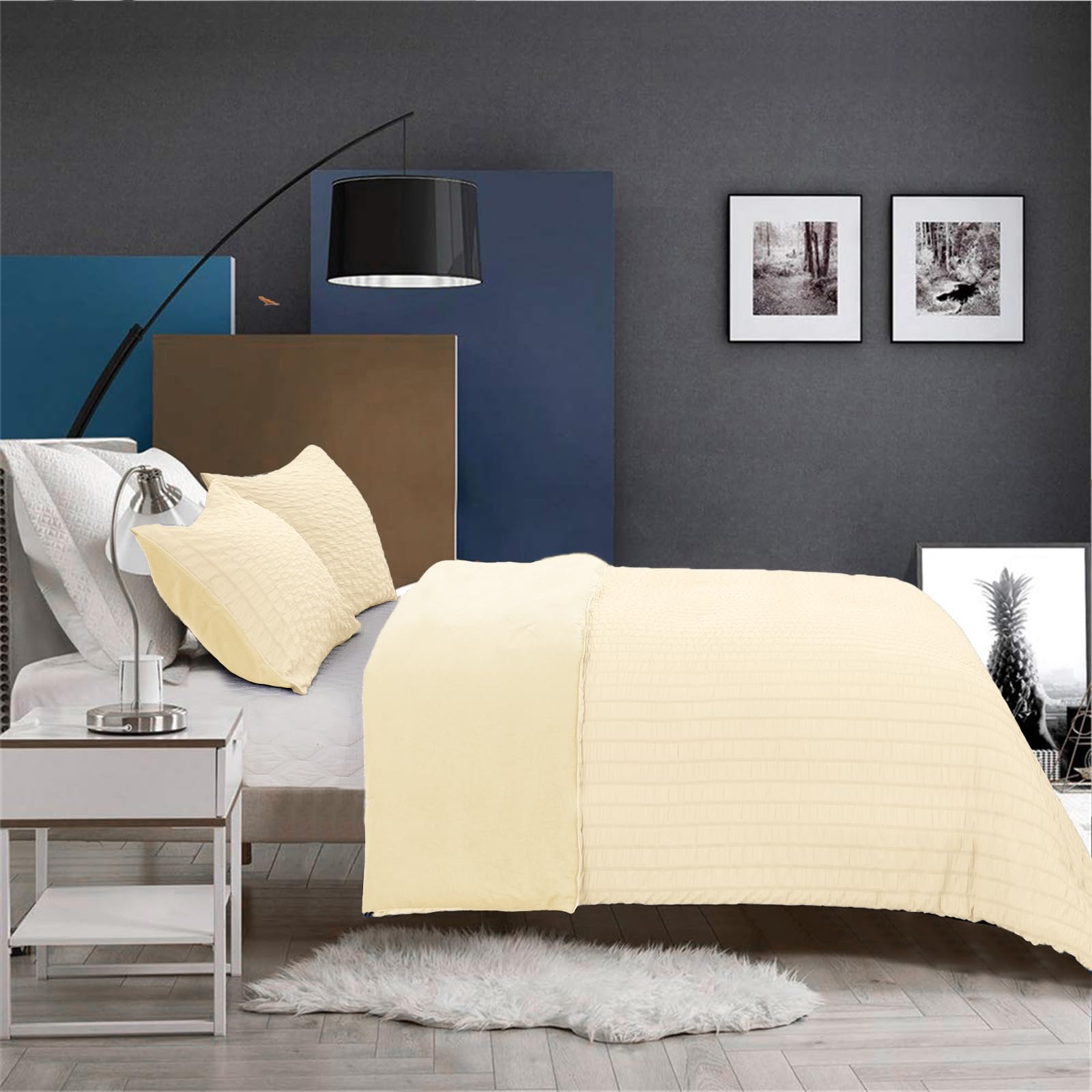 Cream Yellow Seersucker Duvet Cover Seersucker Bedding Set,2
