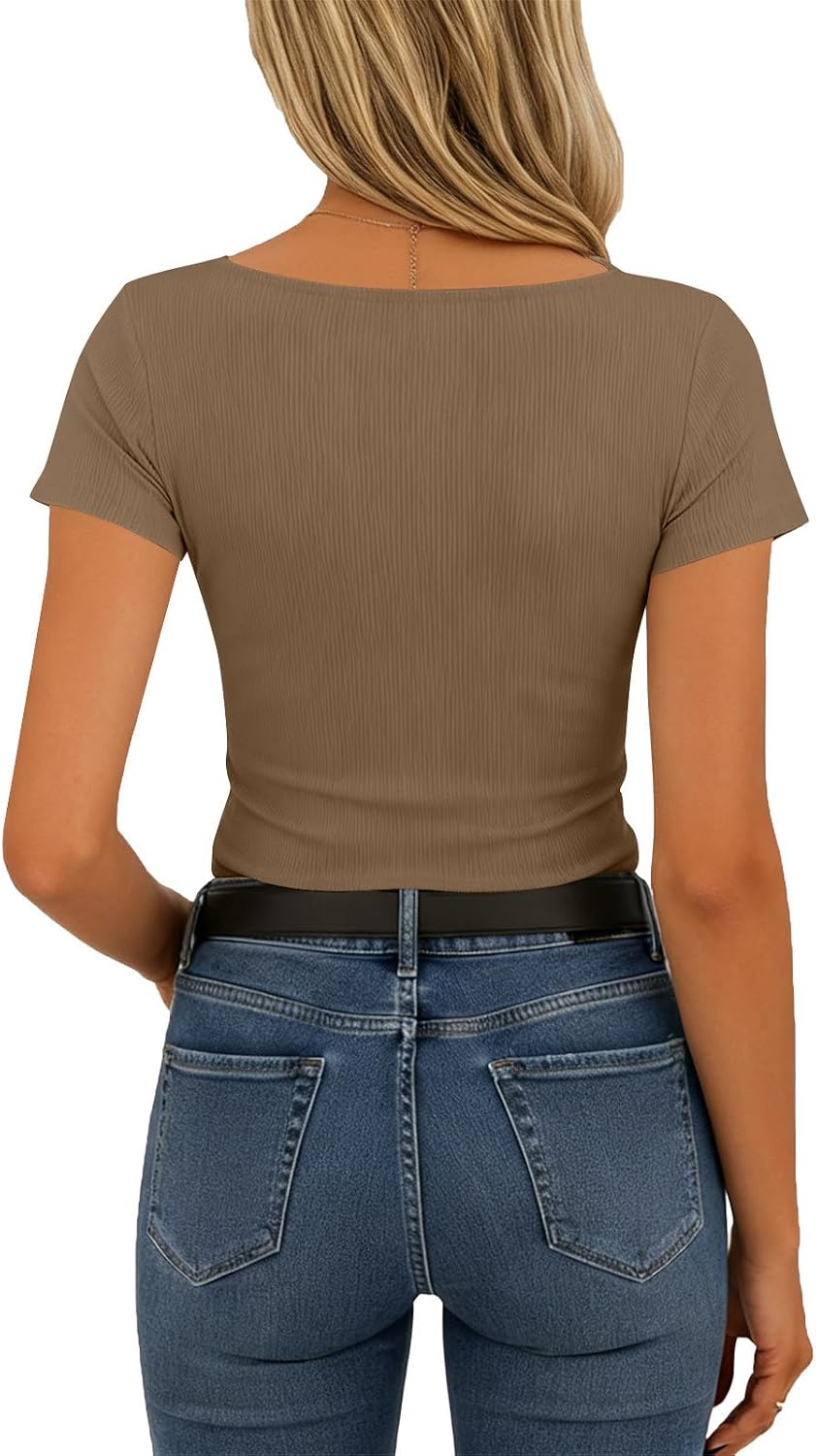 Womens Short Sleeve Knit Top, Casual U Neck Lace Trim Blouse | Fitted, Solid Color, Lightweight Breathable, for Summer Outdoor Hiking, Lace Detail Blouse