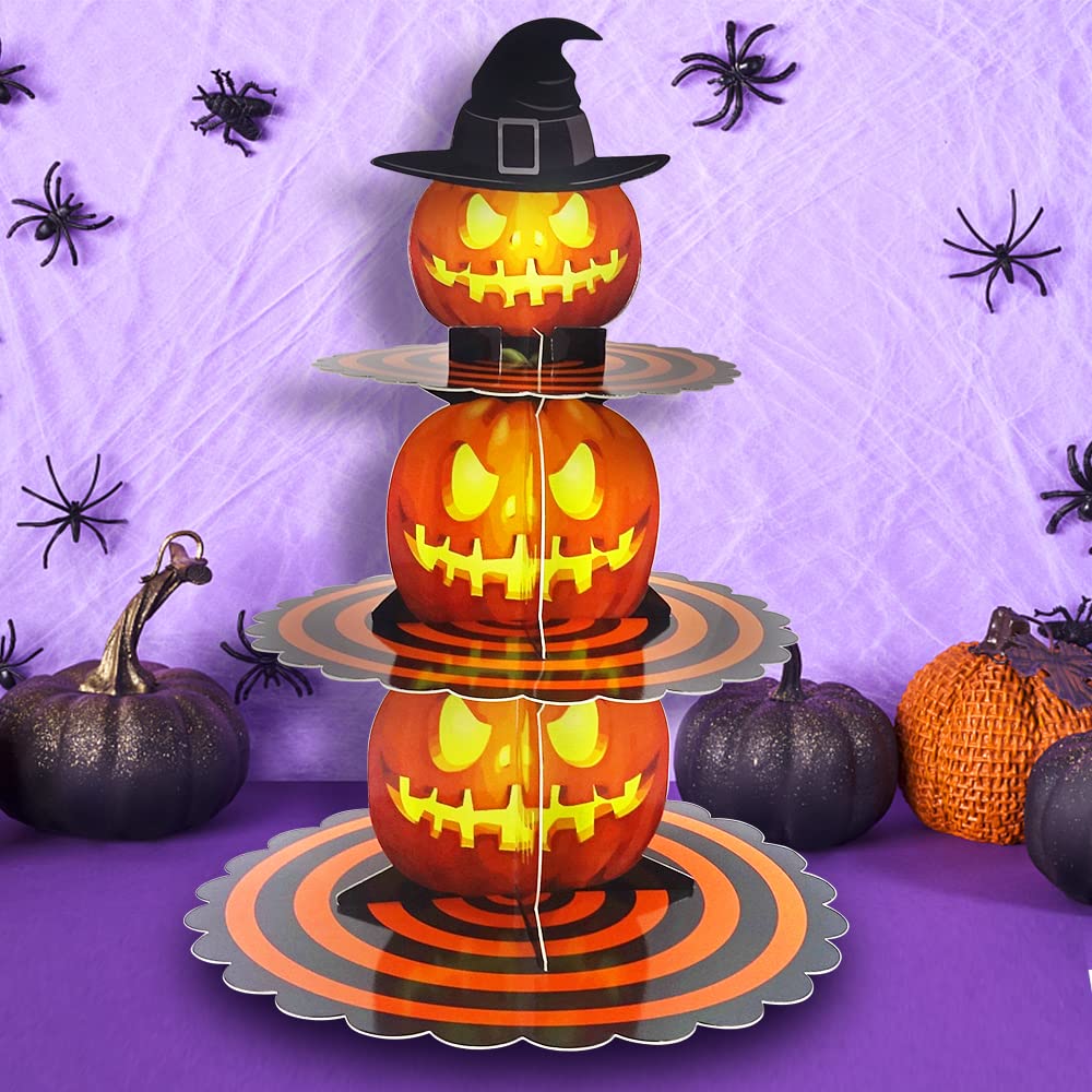 Estivaux 3-Tier Halloween Cupcake Stand for Dessert Table, Halloween Pumpkin Cupcake Tower Halloween Tray Orange Cardboard Cake Dessert Stand for 24 Cupcakes Halloween Party Carnival Decorations