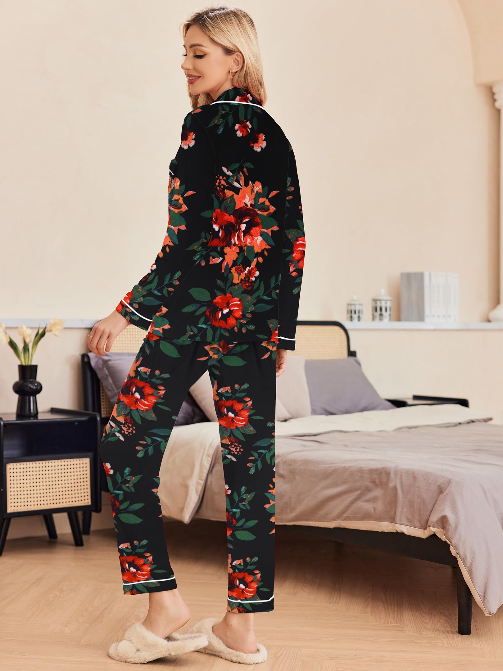 Ekouaer Pigiama Donna Maniche Lunghe Set Pigiama a Due Pezzi con Bottoni Abbigliamento da Notte Morbido Sleepwear Top e Pantaloni Pigiama XS-XXL