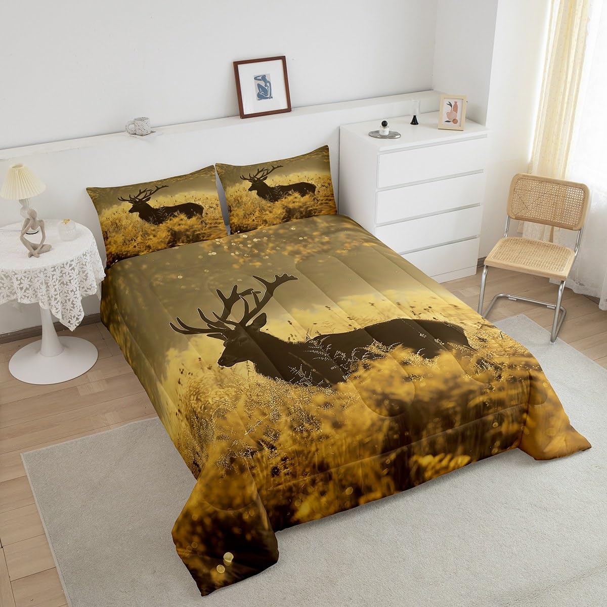 Deer Antler Comforter Queen, Rural Wild Animals Bedding Sets, Vintage Hunting Theme Down Comforter, Stag Quilted Duvet, Southest Western Animals Quilt Soft Microfiber Bedding With 2 Pillowcases
