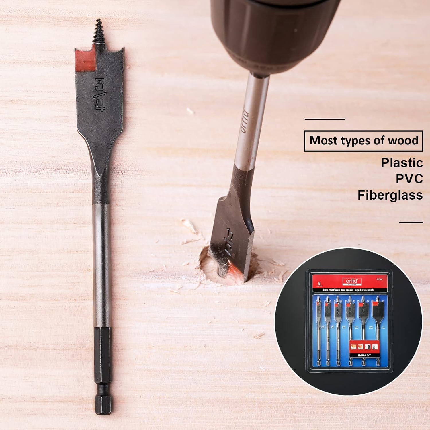 6 pc Standard Spade Bit Drill Bit Set,Threaded Spade Bit with Quick Change Shank for Hole Cutter Woodworking