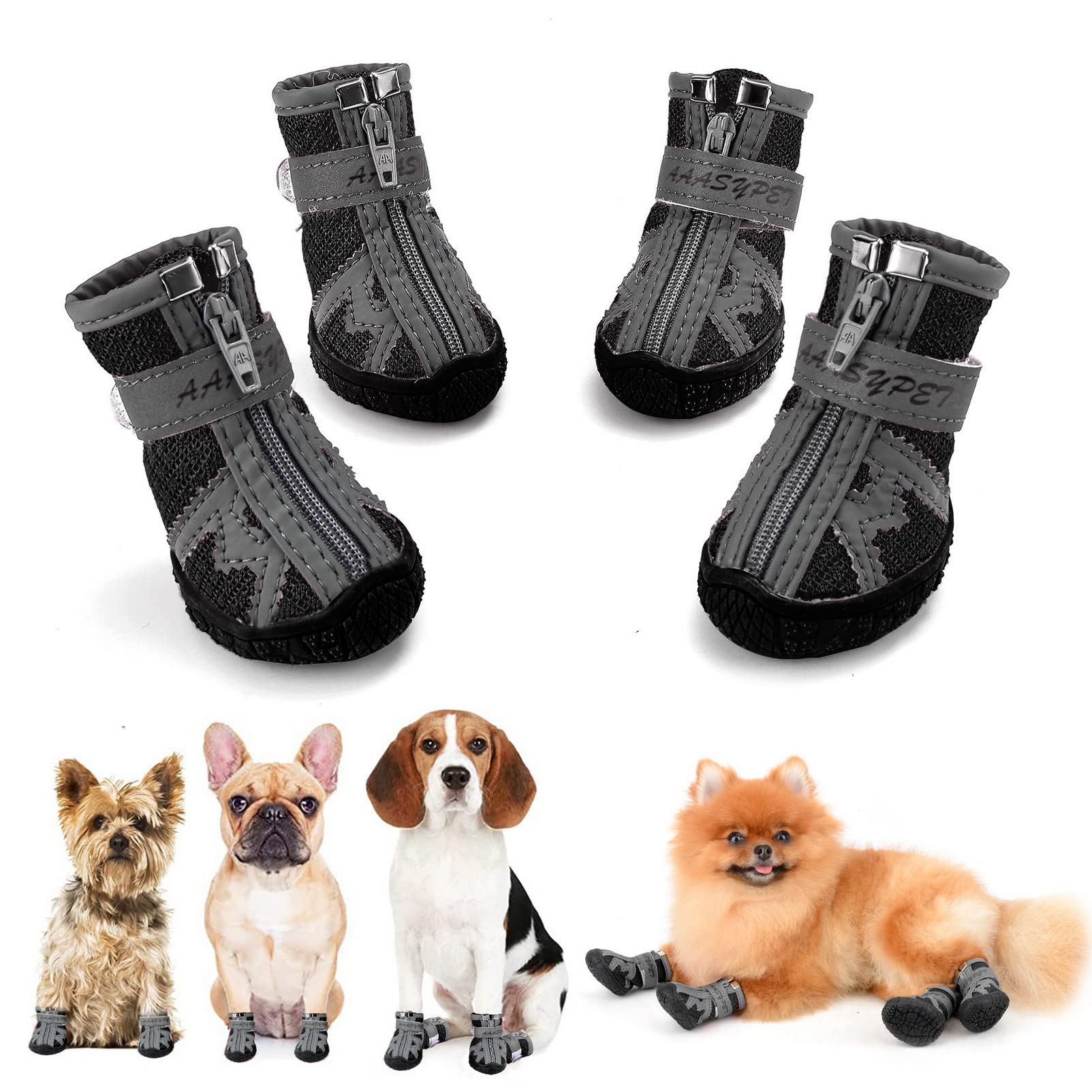 SMALLLEE_LUCKY_STORE Summer Pet Hiking Shoes for Small Medium Dogs Breathable Air-Mesh Puppy Boots for Hot Pavement Reflective Straps Anti-Slip Sole Outdoor Walking Paw Protectors,Black,Size 3