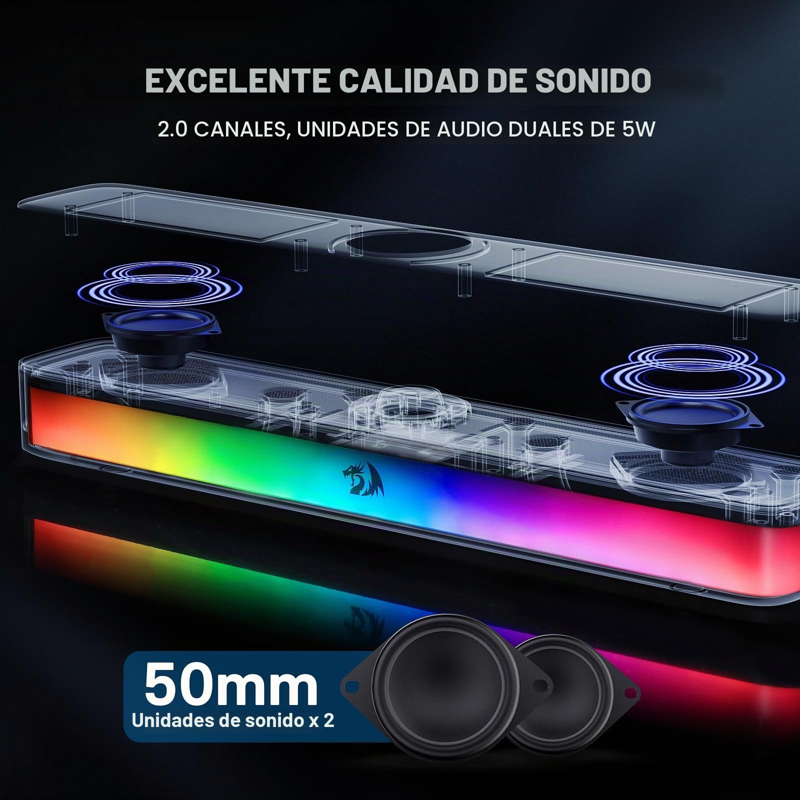 Barra de sonido de escritorio Redragon GS515 RGB, altavoces de computadora estéreo de 2.0 canales para escritorio con Bluetooth 5.3, alimentación USB-C/USB, negro