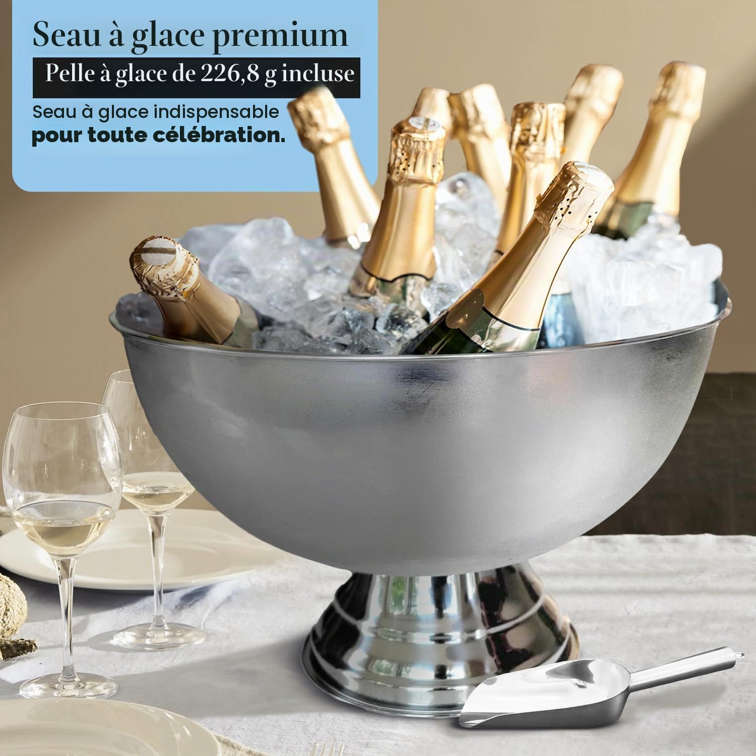 Grand seau à glace de qualité supérieure de 12 L pour fêtes – 40,6 x 40,6 x 25,4 cm – Seau à boisson en acier inoxydable argenté avec pelle – Seau à glace isotherme pour bar à cocktails, bières et