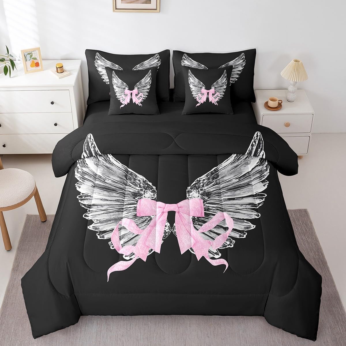 Black Bow 7 Pieces Bedding Set Full,Princess Style Bowknot White Black Bed in a Bag for Young,Dreamy Fairy Tale Bow-tie Crossed Patchwork Comforter Set with Sheets,Pillow Covers