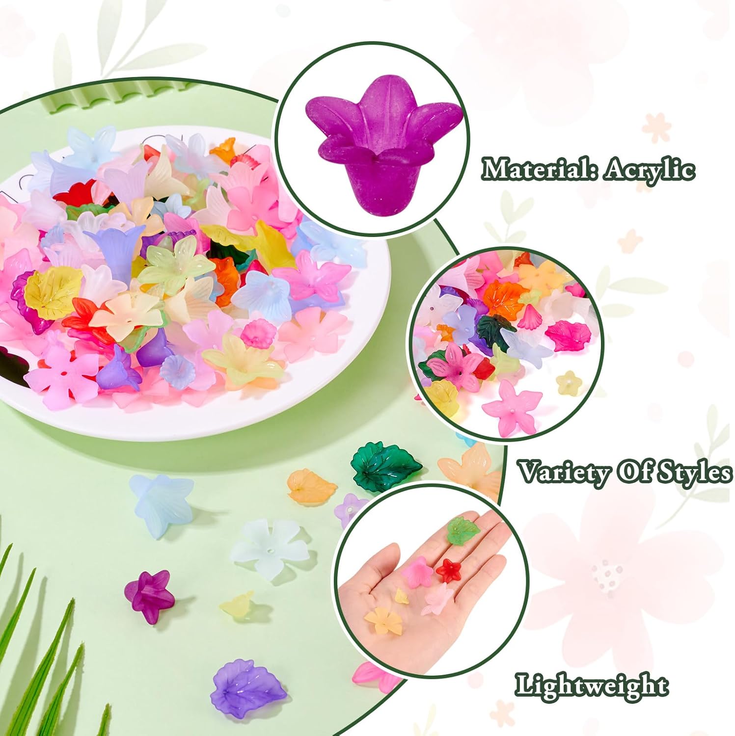 Pandahall 240Pcs Acrylic Flower Beads Colorful Trumpet Flower Leaves Loose Beads Caps Multi-Petal Floral Spacer Bead for DIY Jewelry Making Bracelets Necklaces Earrings - Image 2