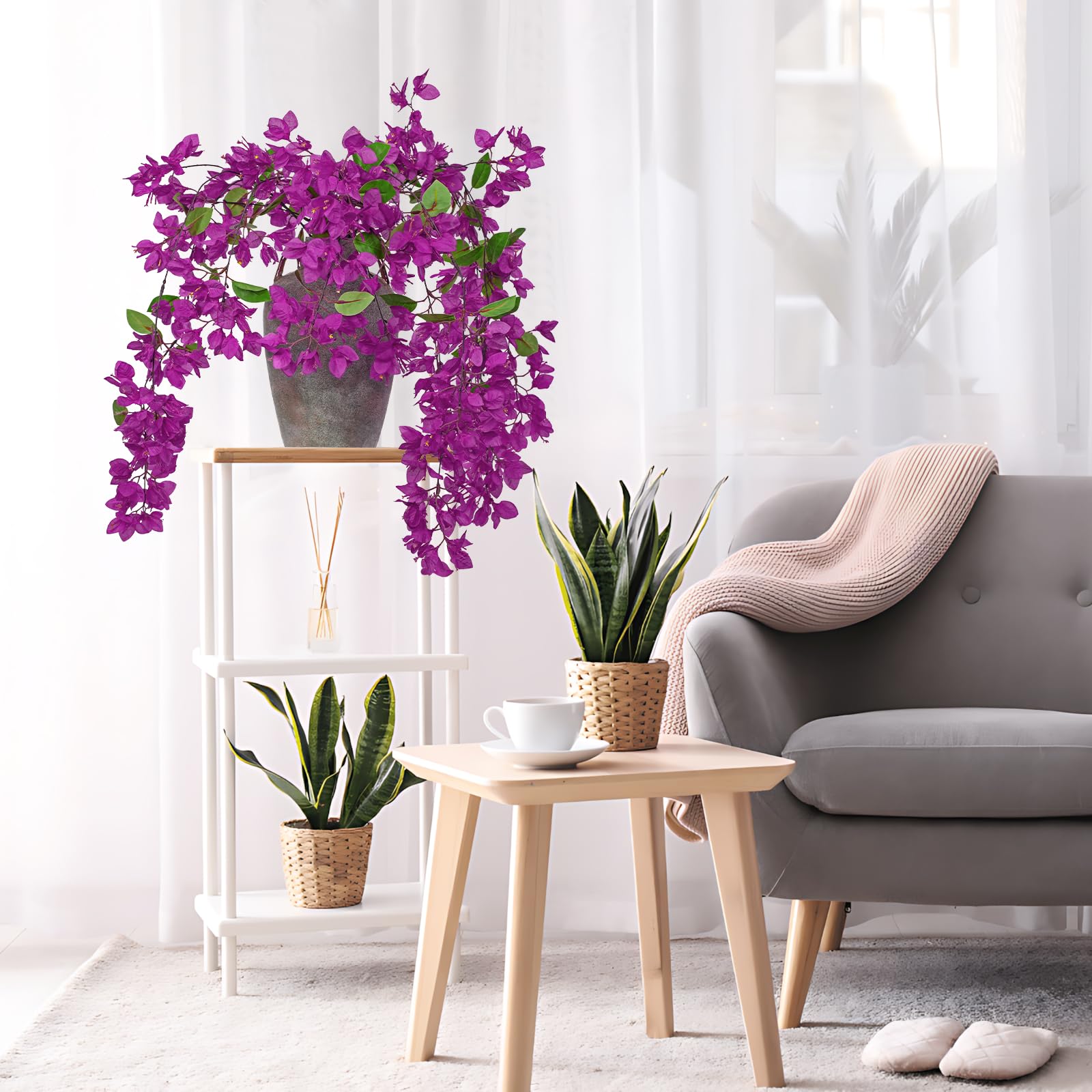 Flores artificiales desbordantes, plantas de flores falsas, tallos de 33.5 pulgadas de largo, buganvilla sintética para jarrón alto, 3 flores colgantes falsas para el hogar, sala de estar, dormitorio