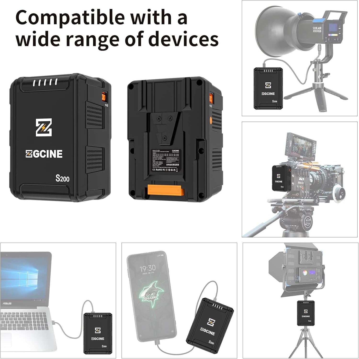 ZGCINE S200 V-Mount Battery compatibility with various devices