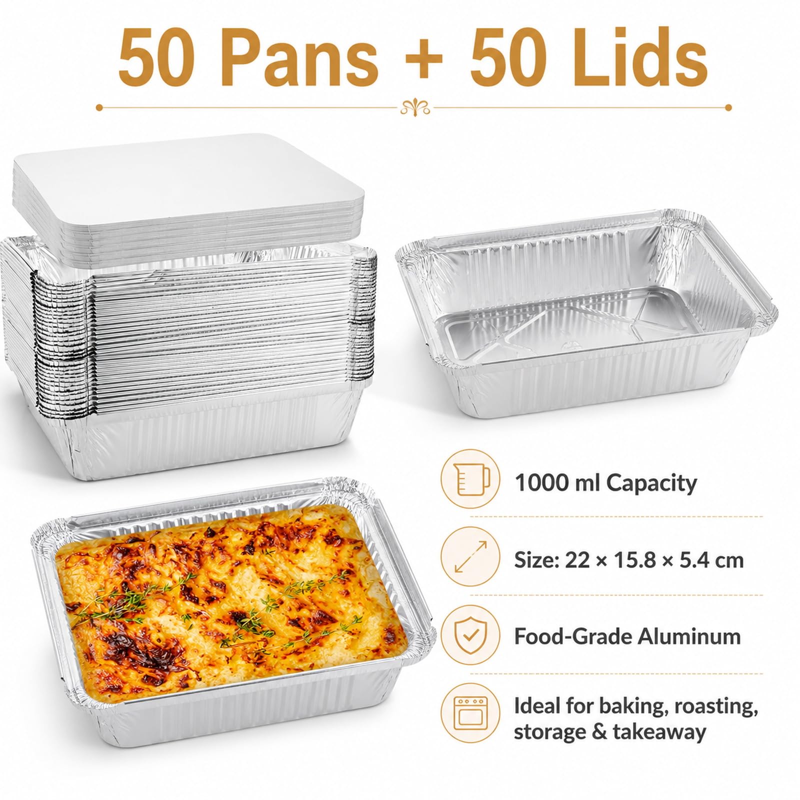 WOPPLXY 50 Stück Aluschalen mit Deckel, 1000ml Aluschalen Grill, 22 x 15,8 x 5,4cm Alu Grillschalen für Backen, Braten, Kochen