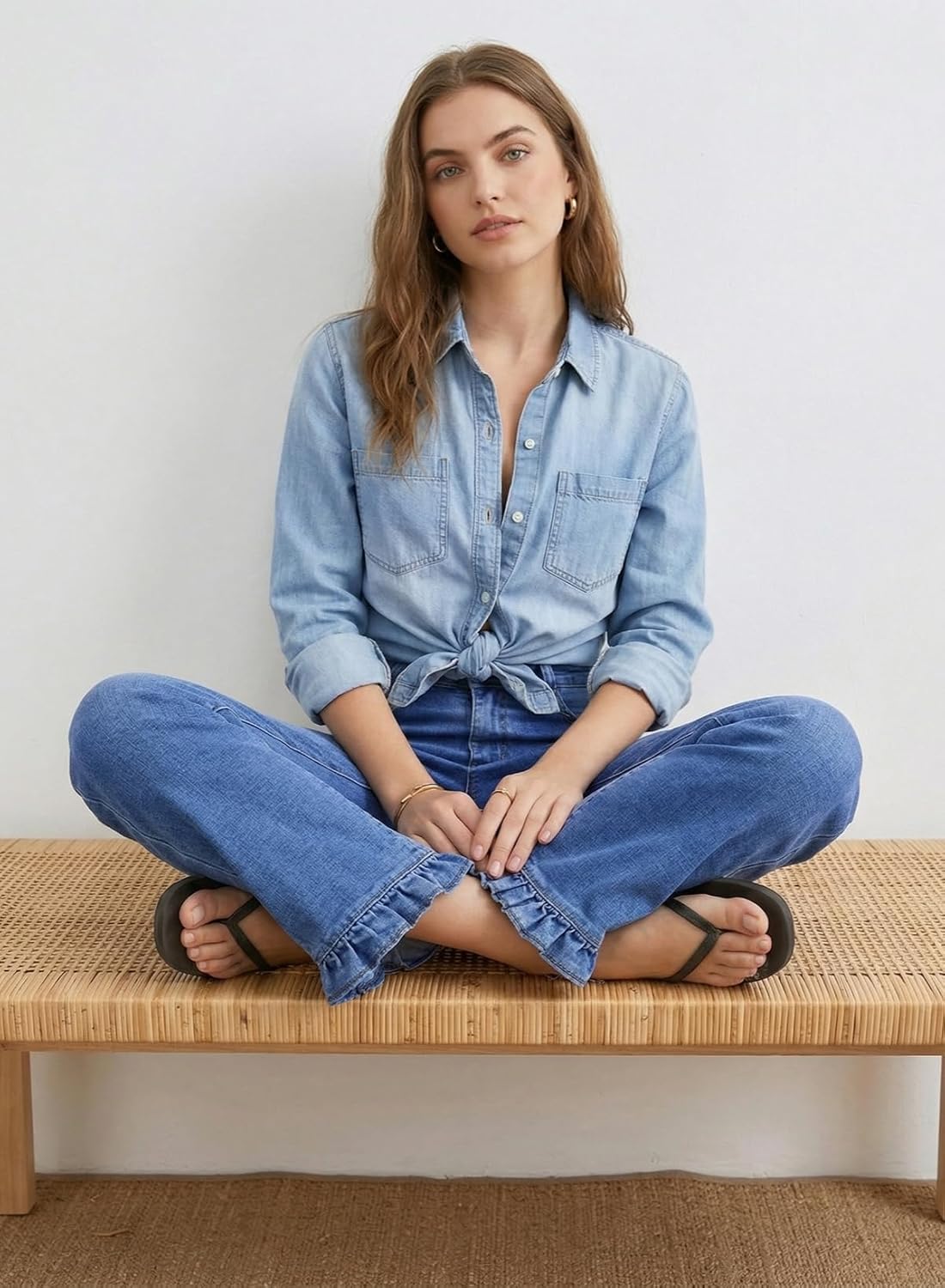 Sidefeel Womens High Waist Straight Leg Jeans Ruffle Hem Denim Pants image 4