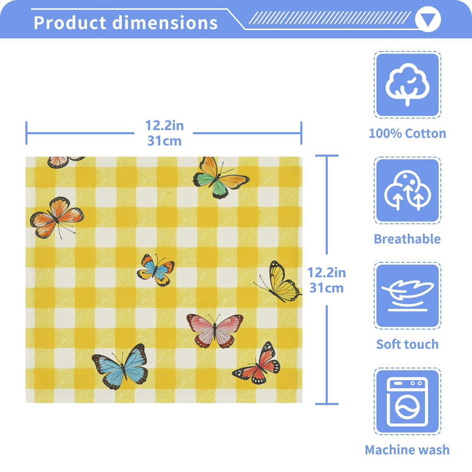 YANENDIE Yellow Gingham Butterfly Washcloths Towels, Highly Absorbent and Soft Cotton Face Cloths, 2 Pack Quick Dry Wash Cloths - 12 X 12 Inches
