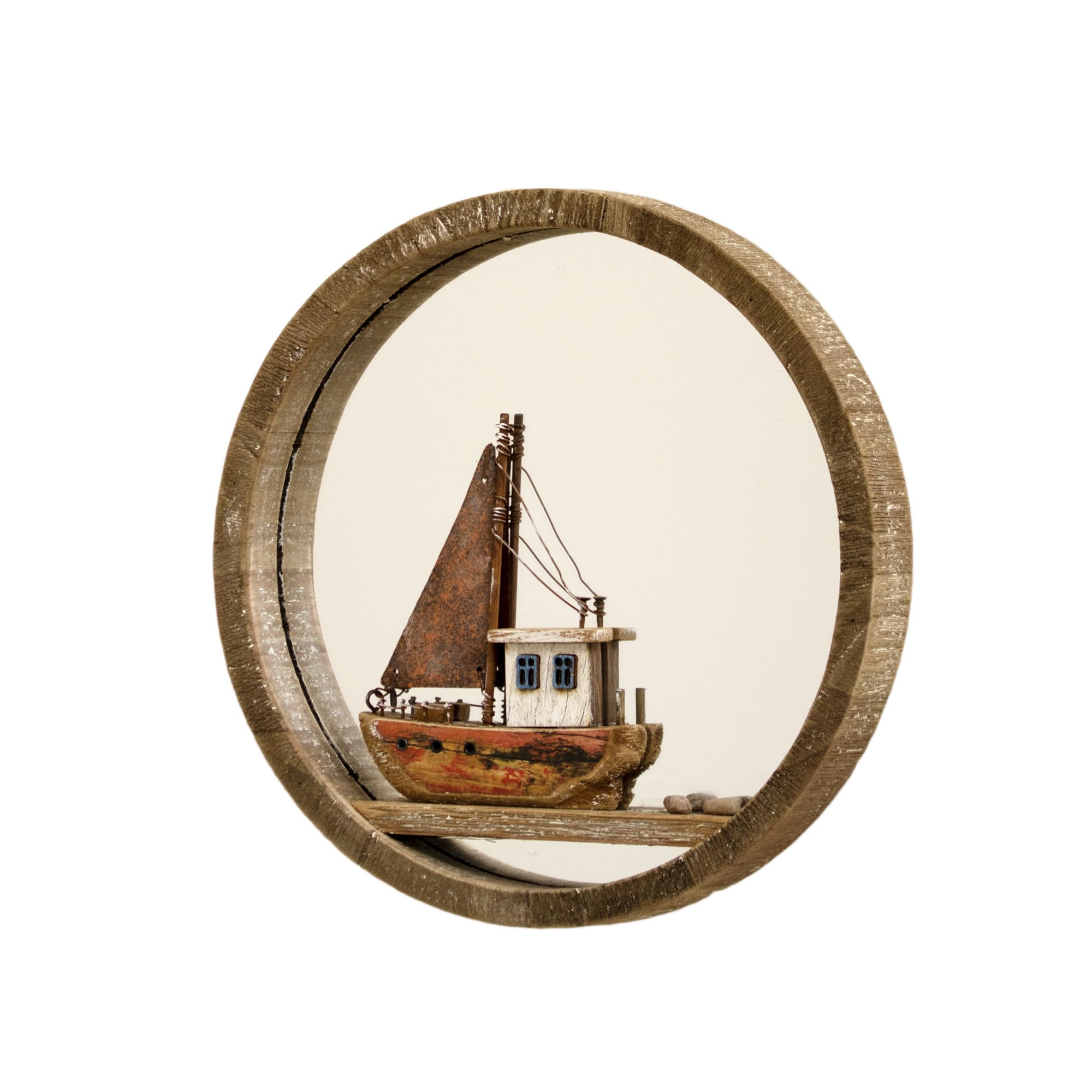 Darthome Brown Rustic Boat Wall Mirror 24X24x3cm Round Wood Nautical Coastal Bathroom Decoration