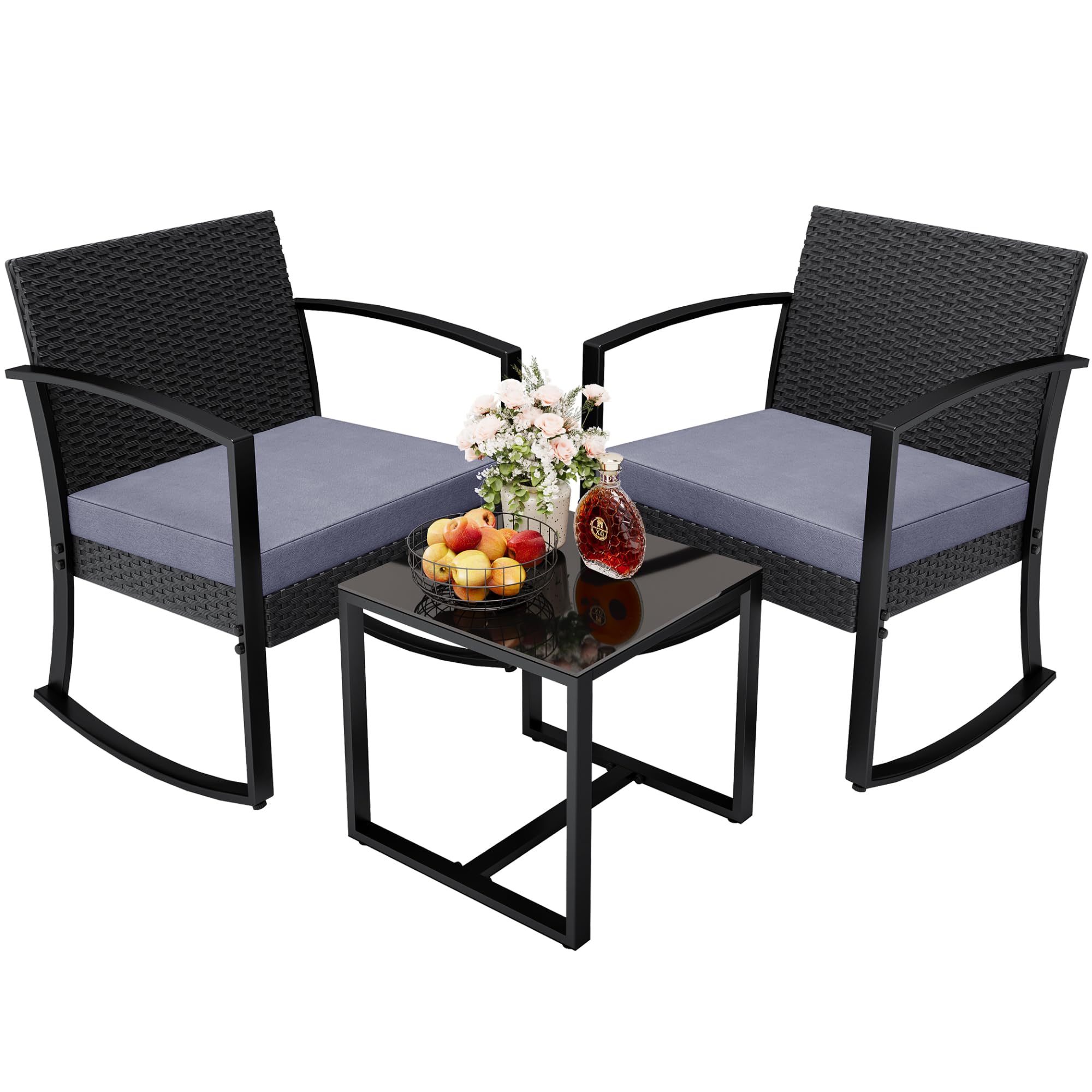 Greesum 3 Pieces Outdoor Furniture Set Patio Bistro Rocking Chairs with Glass Coffee Table for Pool Beach Backyard Balcony Porch Deck Garden, Gray