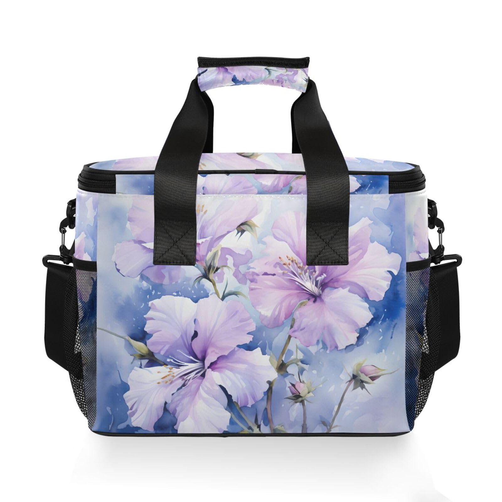 Bolsa térmica grande con estampado de flores moradas con diseño de teñido anudado, bolsa térmica impermeable de 15 litros, 24 latas, para adultos, hombres y mujeres
