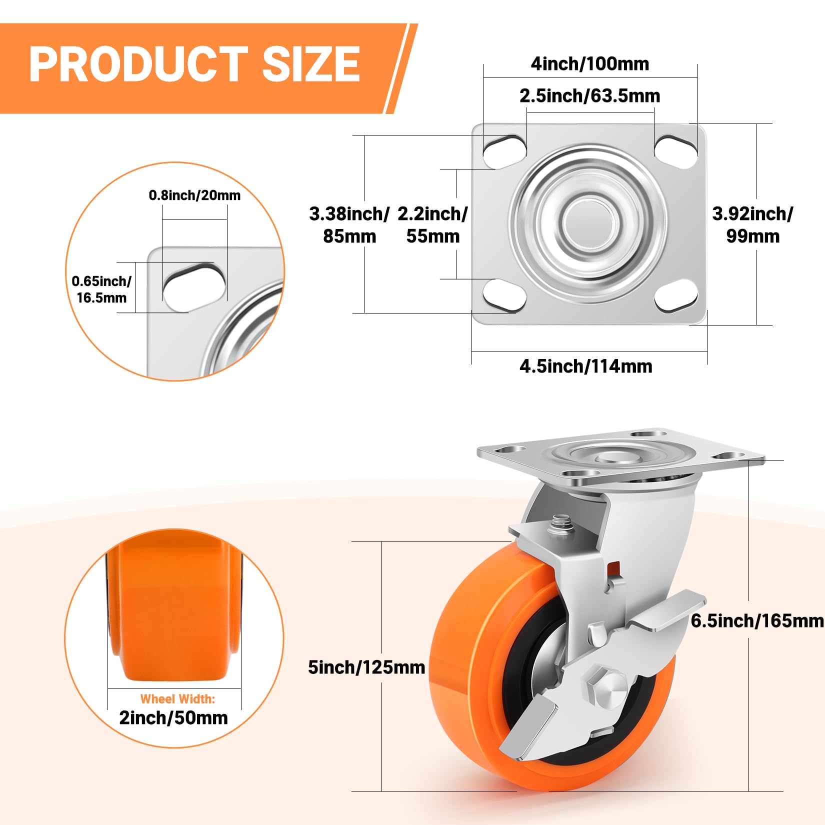 125mm Roulette Charge Lourde Avec Frein, en Polyuréthane Industrielles Roue Capacité 1600 Kg Avec Double Roulement à Billes, Silencieux et RéSistant à l'Usure Équipement, Machines, lot de 4