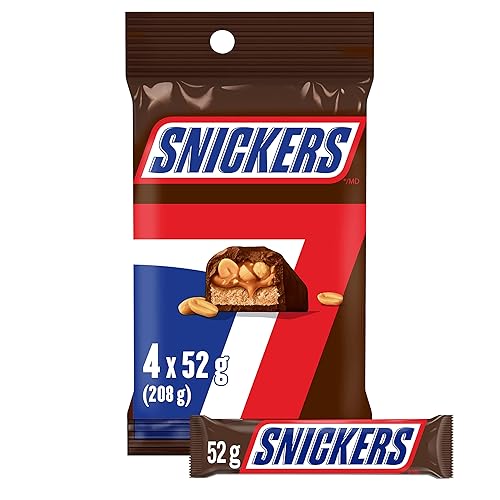 SNICKERS, Peanut Milk Chocolate Candy Bars, 4 Full Size Bars, 208g