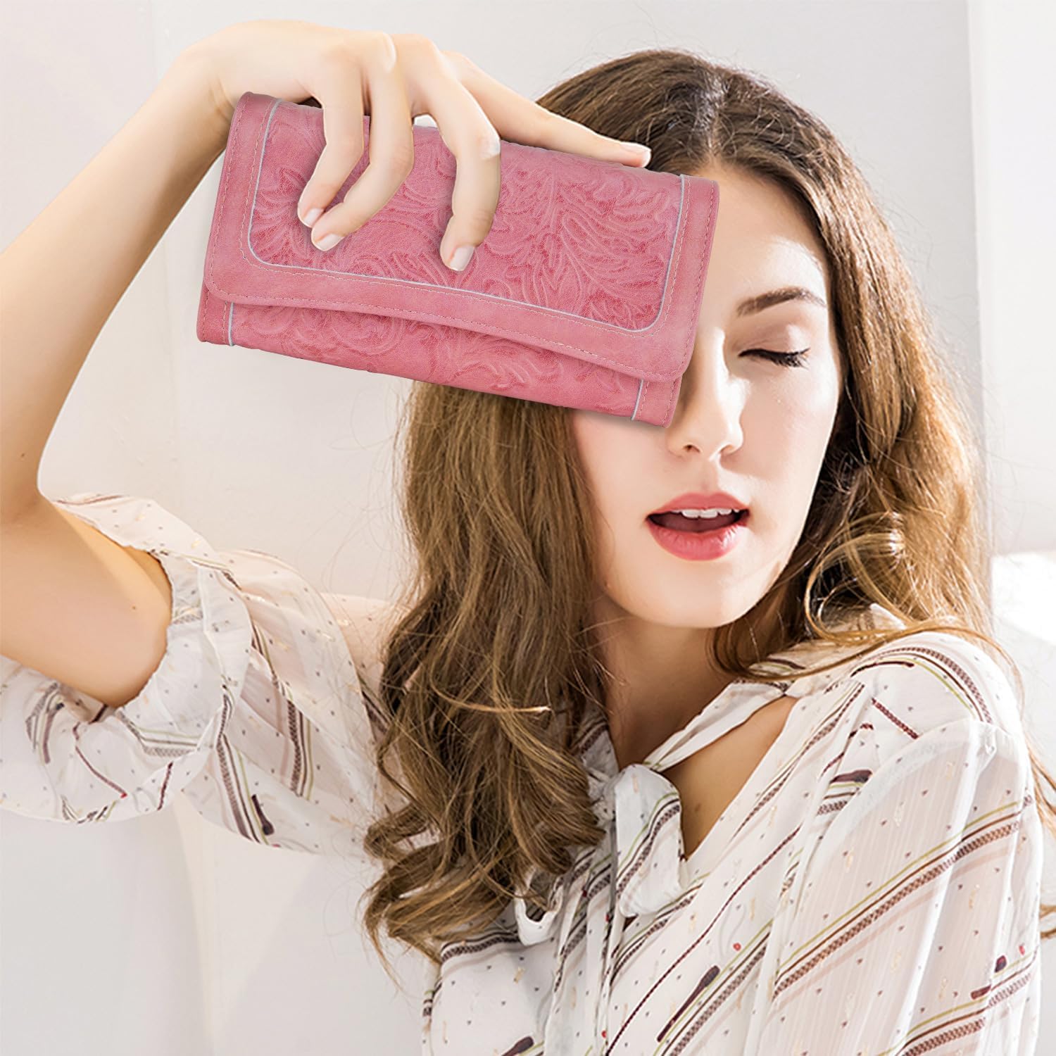 MEITRUE Women's Wallet Leather RFID Blocking Trifold Ladies Purse Embossed long Clutch Card Holder Phone Checkbook Organizer - Image 2