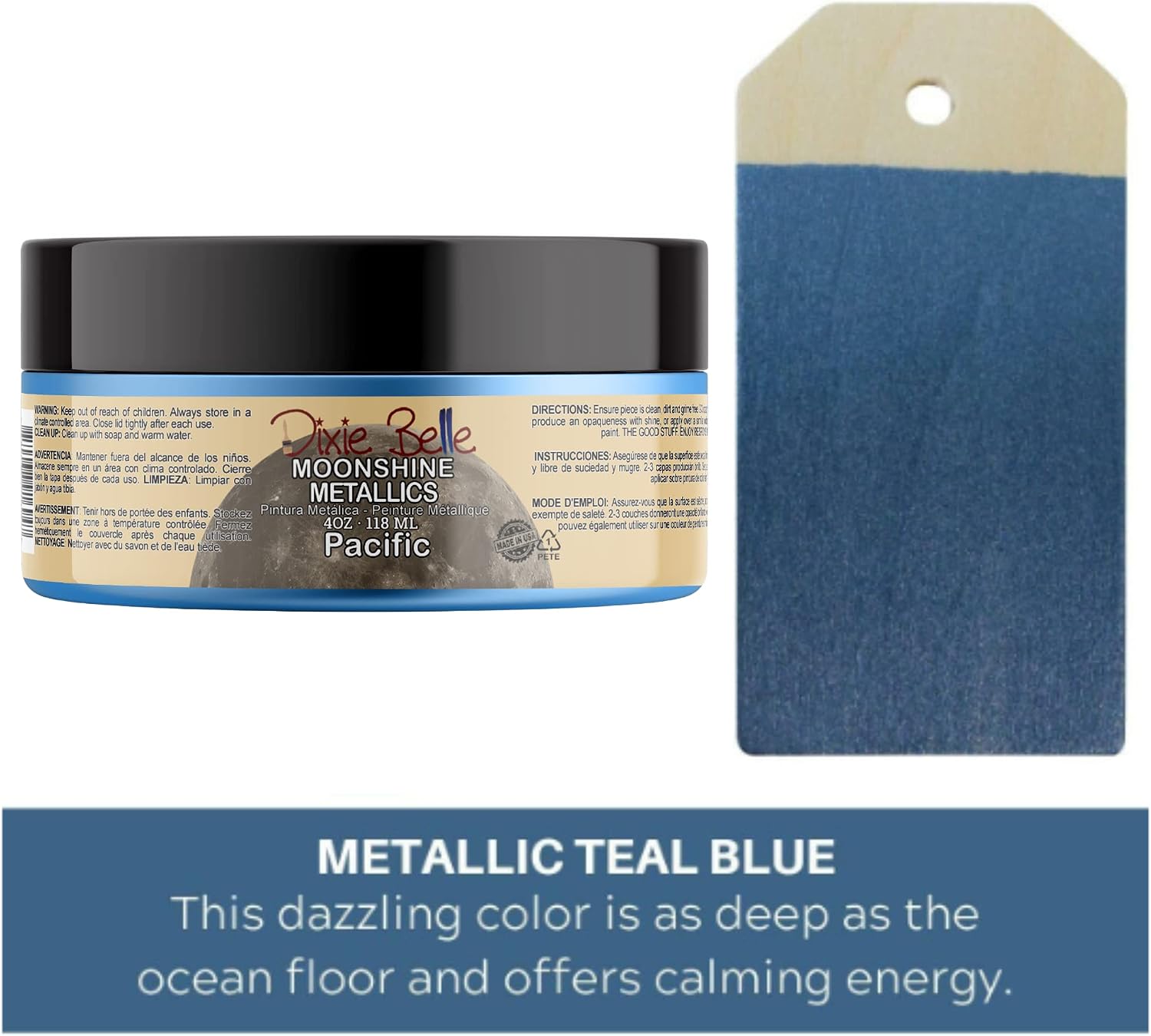 Dixie Belle Moonshine Metallics | Pacific (4oz) | Water-Based Shiny Chalk Mineral Paint | Metallic DIY Furniture Paint