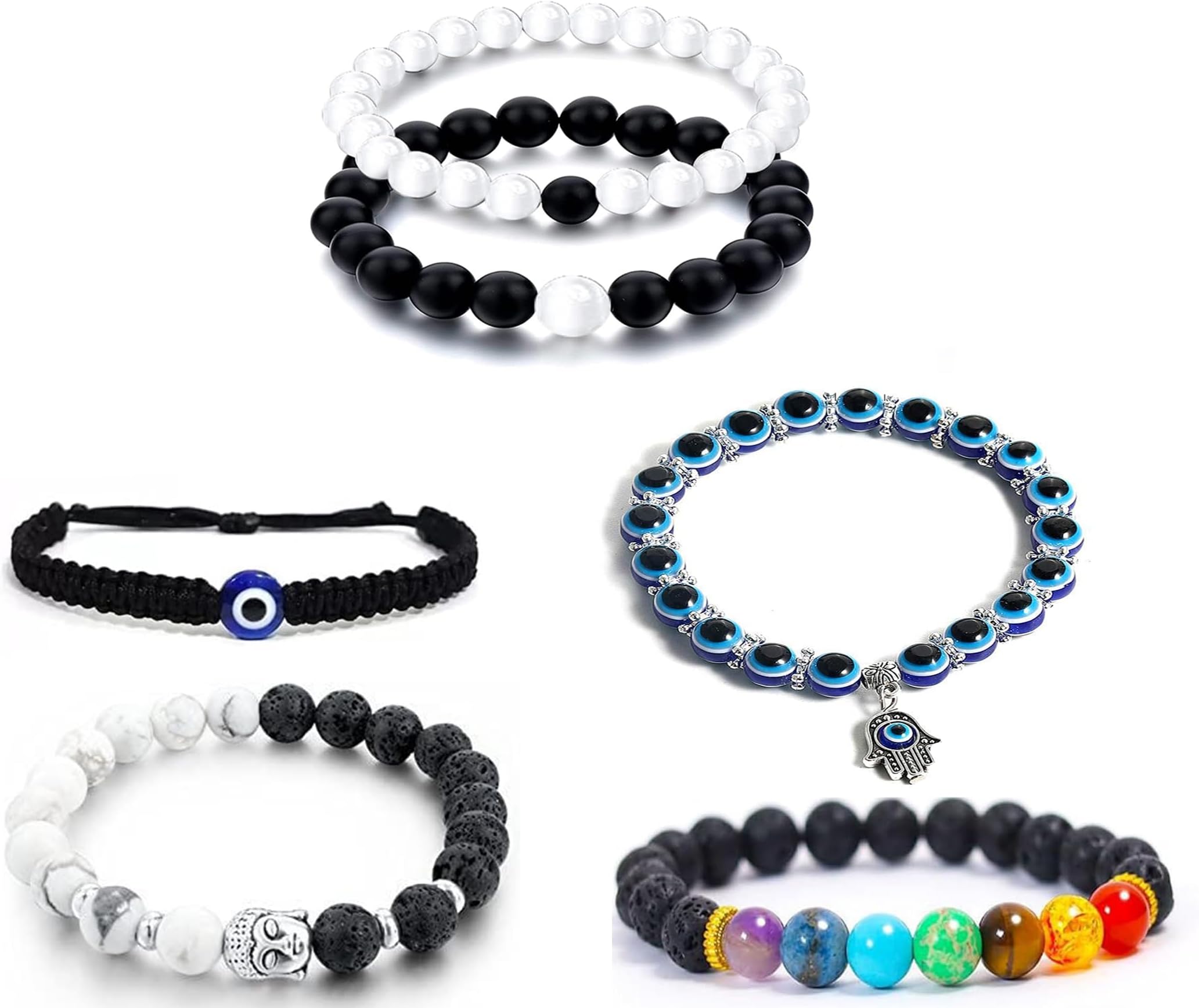 Fashion Jewellery Combo Pack of 5 Multi Style of Black and White Beads, Evil Eye, Navgragtah Style Unisex Adjustable Bracelets For Women and Men CO1000453COM