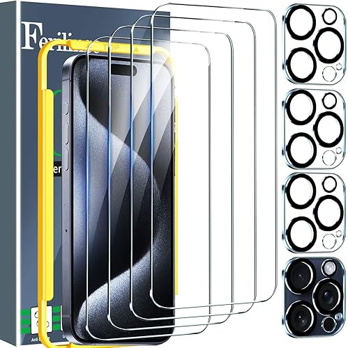 Ferilinso Paquete de 4 protectores de pantalla para iPhone 15 Pro Max, con 4 protectores de lente de cámara de vidrio templado, compatible con