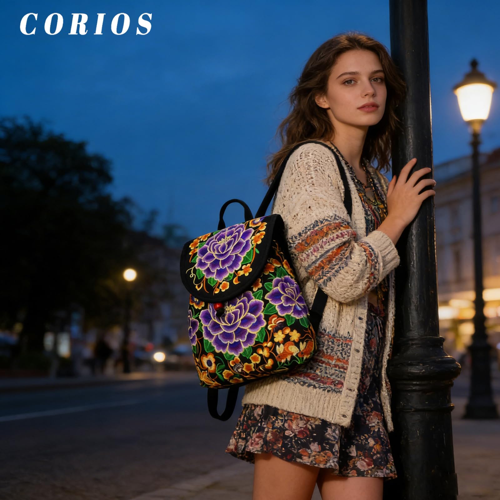 CORIOS Mochila para Mujer Bolso Mochilas con Bordado Étnico Bohemia Morral Backpack Mochilas con Cierre de Cordón Bolso de Mano de Hombro de Lona Retro Daypack Bolsas de Escuela Peonía Morada L