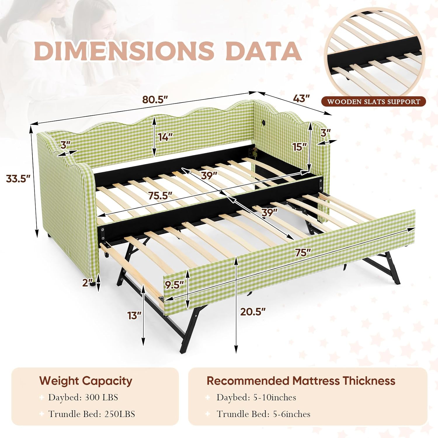 Twin Size Daybed with Pop Up Trundle, Linen Gingham Twin to King Daybed with USB Ports, Upholstered Day Bed Frame, Modern Sofa Bed for Living Room/Bedroom/Guest Room, No Box Spring Needed, Green