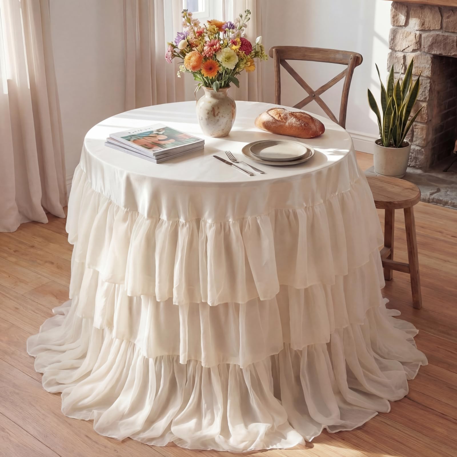 Photo 1 of Moukeren Tiered Ruffle Tulle Tablecloth Round Ruffle Satin Tablecover 49 in Round Chiffon Tablecloth Tutu Table Skirt for Bridal Wedding Cake Sweetheart Table Champagne Tower(Apricot)