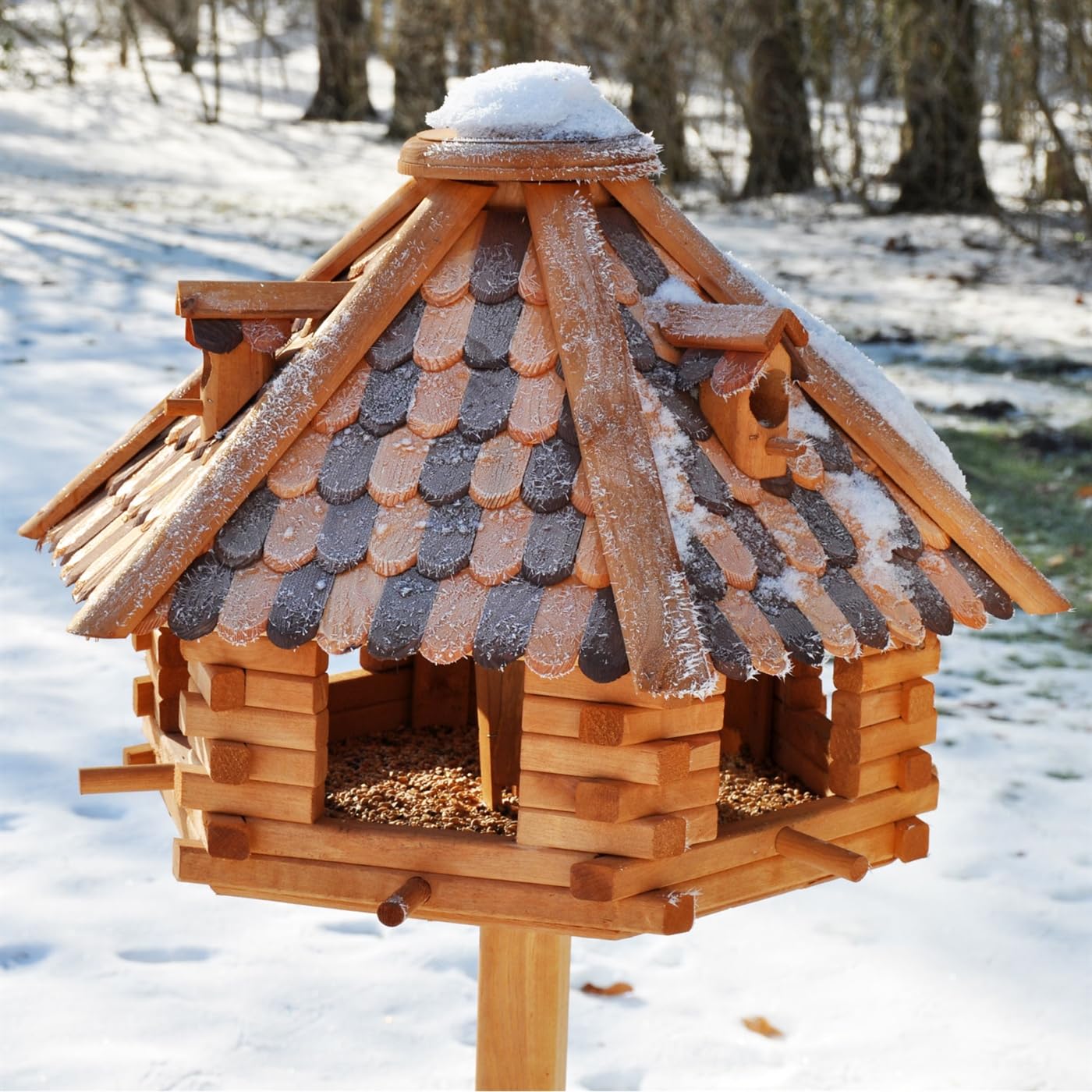 VOSS.garden Vogelhaus XXL Herbstlaub 70cm Durchmesser inklusive großem Standfuß, insg. 1,45 Hoch Vogelfutterstation, Vogelhäuschen